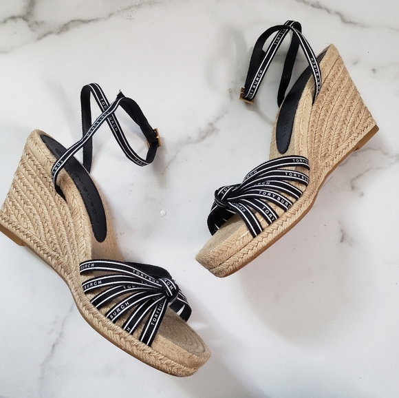 Tory Burch Ribbon Strappy Espadrille Wedge Sandals Pefect Navy Size 8.5 - Picture 2 of 7